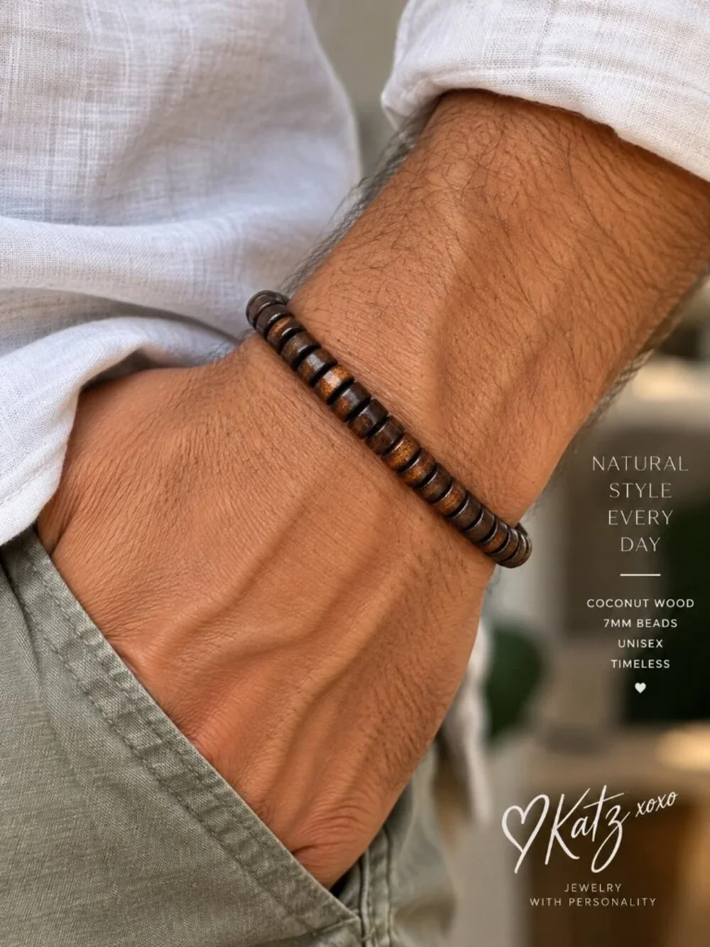 Coconut Wood Heishi Bead Bracelet 7mm Dark Brown Stretch Unisex Surfer Boho